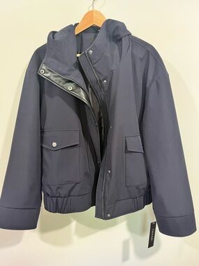 Tahari Navy Hooded Bomber Rain Jacket